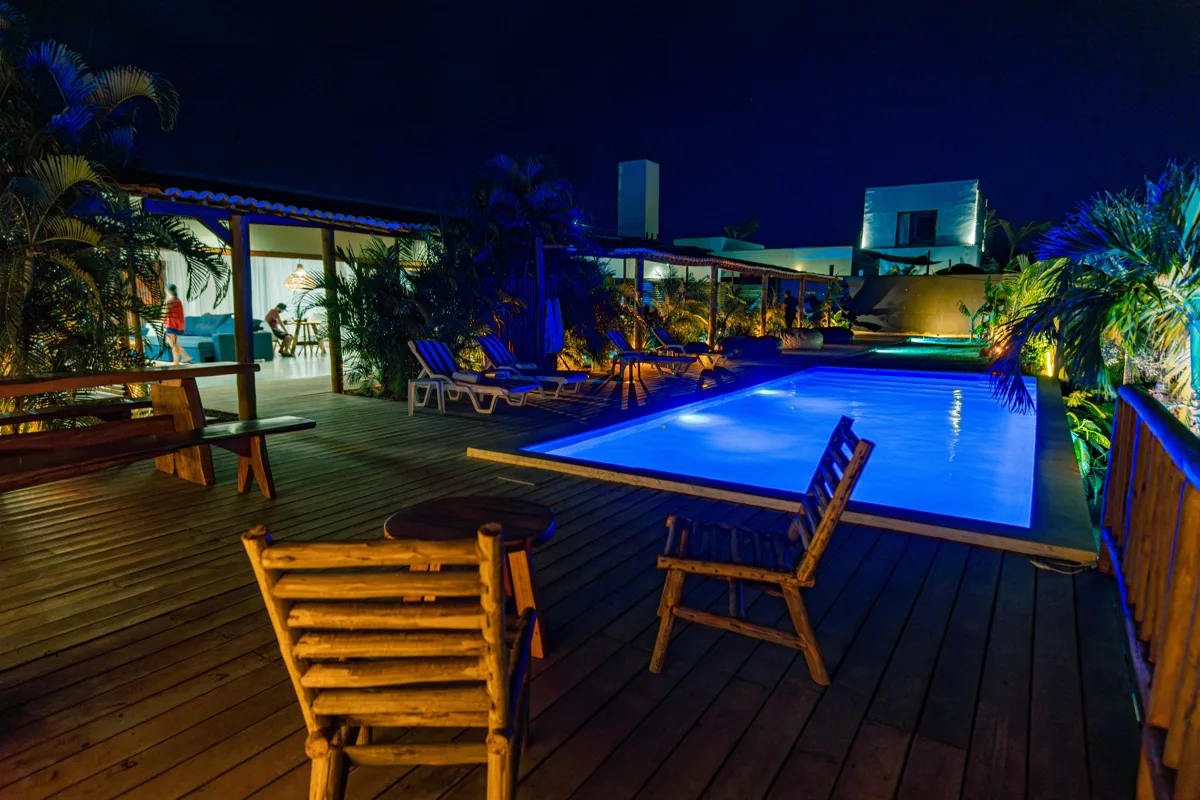 Illuminated swimming pool at night