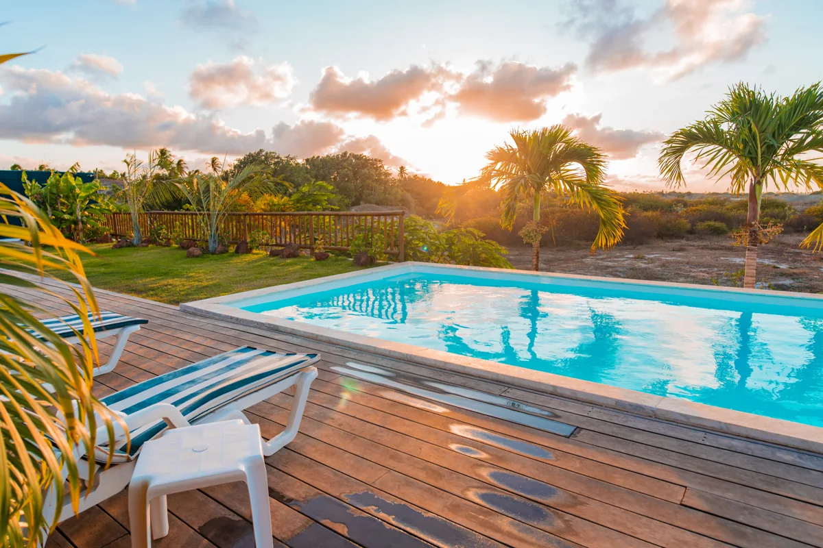 Pool and deck at sunset